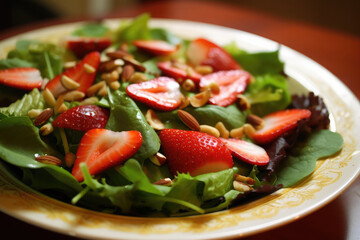 Close-up view of a strawberry salad in a white plate. Healthy, organic and fresh summer meal. 