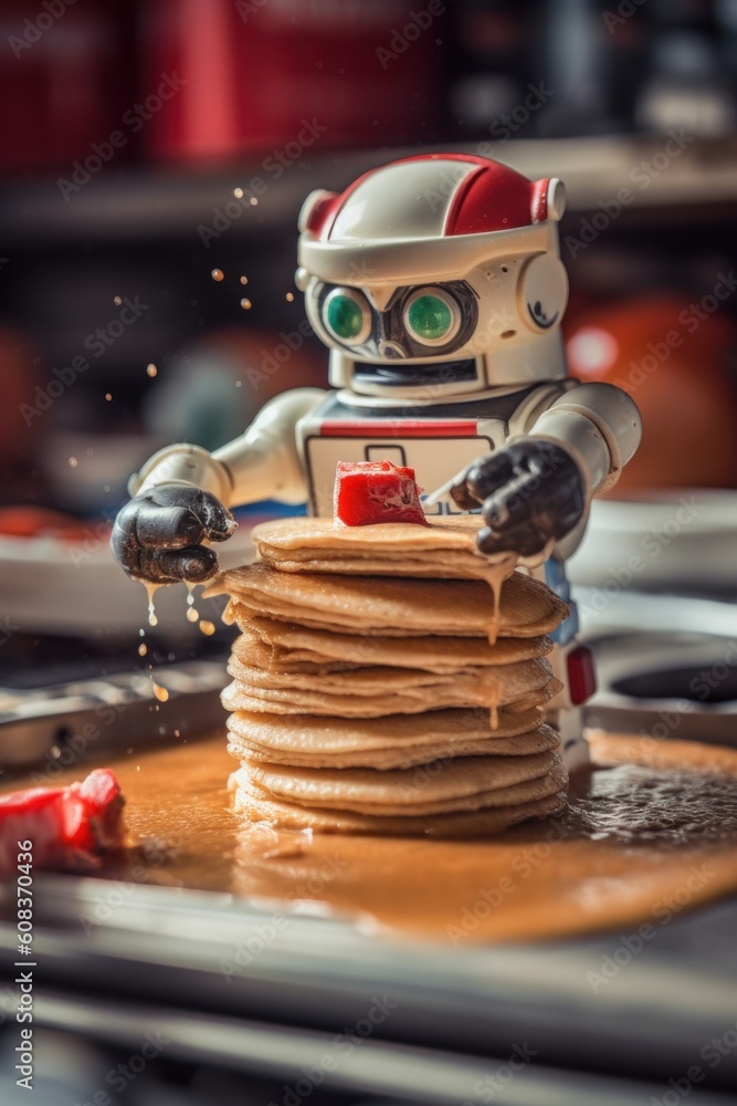 Poster a robot that is standing on a stack of pancakes. generative ai image.