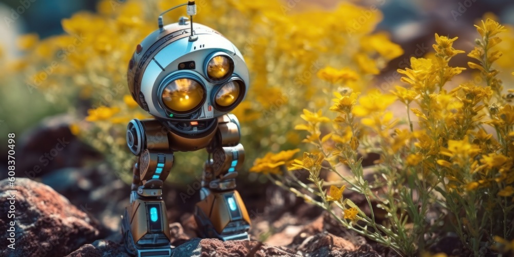 Poster a toy robot standing in a field of yellow flowers. generative ai image.