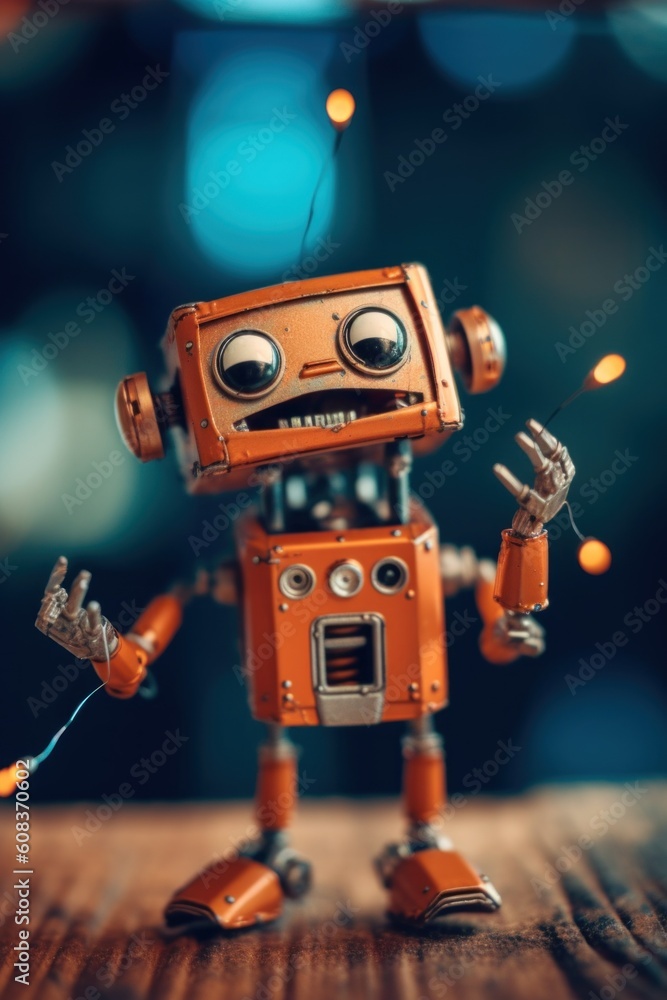 Poster a toy robot is standing on a table. generative ai image.