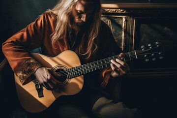 Fototapeta na wymiar A man with long hair playing a guitar. Generative AI image.