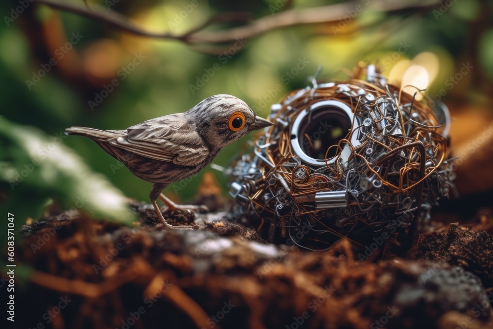 Poster a small bird sitting on top of a nest. generative ai image.