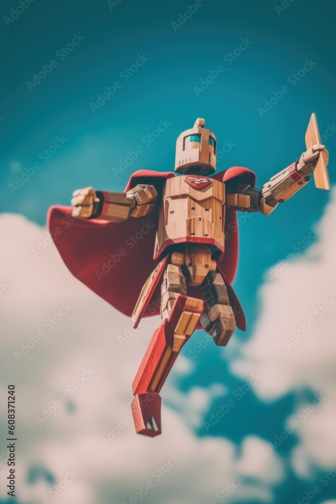 Poster a toy robot with a red cape flying through the air. generative ai image.