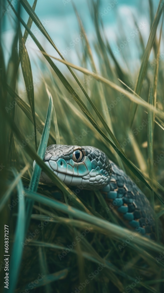 Poster a close up of a snake in the grass. generative ai image.