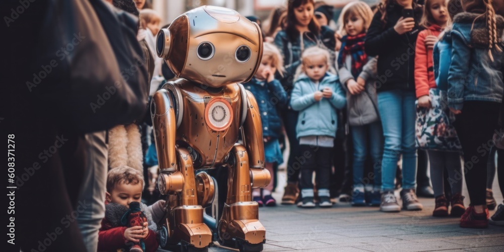 Wall mural A robot sitting in front of a crowd of people. Generative AI image.