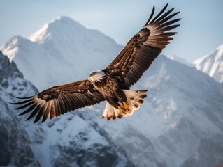 Naklejka na ściany i meble A bald eagle soaring over a snowy mountain range. Generative AI image.