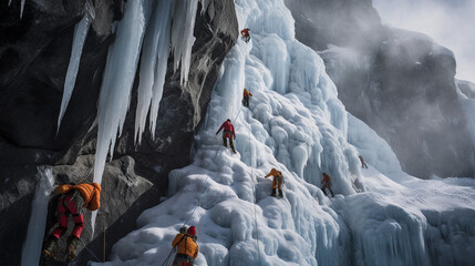 Brave mountaineers climbing ice wall in cold mountain peaks - Generative AI
