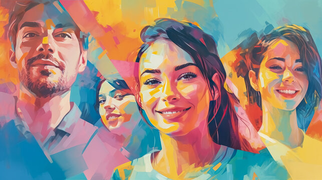 Smiling people on a colorful splash background. Generative Ai Illustration.