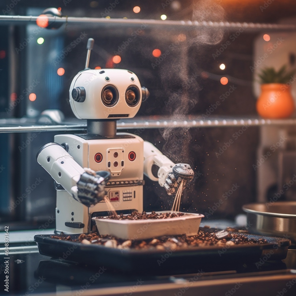Poster a robot that is cooking some food in a pan. generative ai image.
