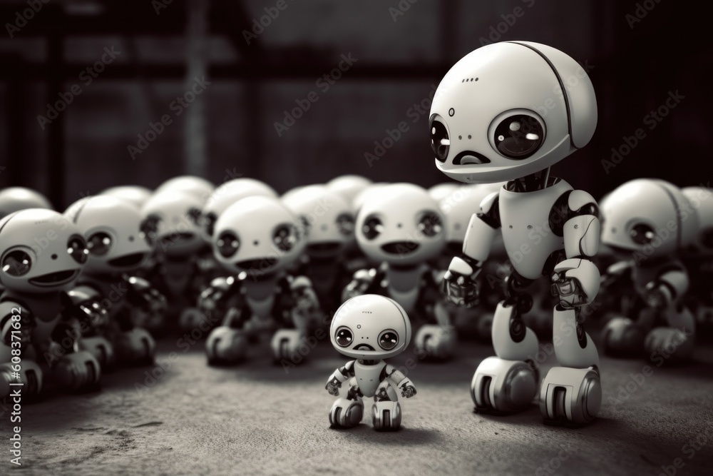 Poster a group of small robots standing next to each other. generative ai image.