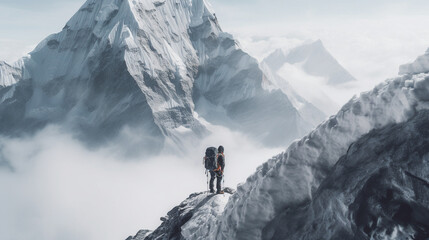 Naklejka na ściany i meble Lonely mountaineer ascending icy mountain ridge - Generative AI