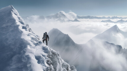 Lonely mountaineer ascending icy mountain ridge - Generative AI