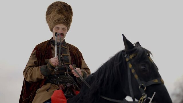 portrait of Cossack on horseback, medieval history reconstruction, brave man with moustache