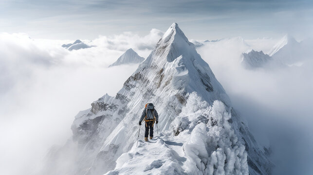 Lonely mountaineer ascending icy mountain ridge - Generative AI