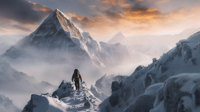 Lonely mountaineer ascending icy mountain ridge - Generative AI