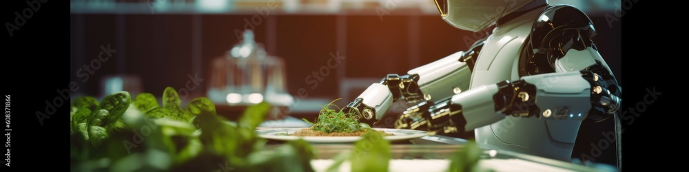 Poster a robot holding a plate of food in front of it. generative ai image.