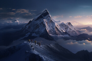 Group of mountain climbers walking on ridge towards the peak of mount everest - Generative AI