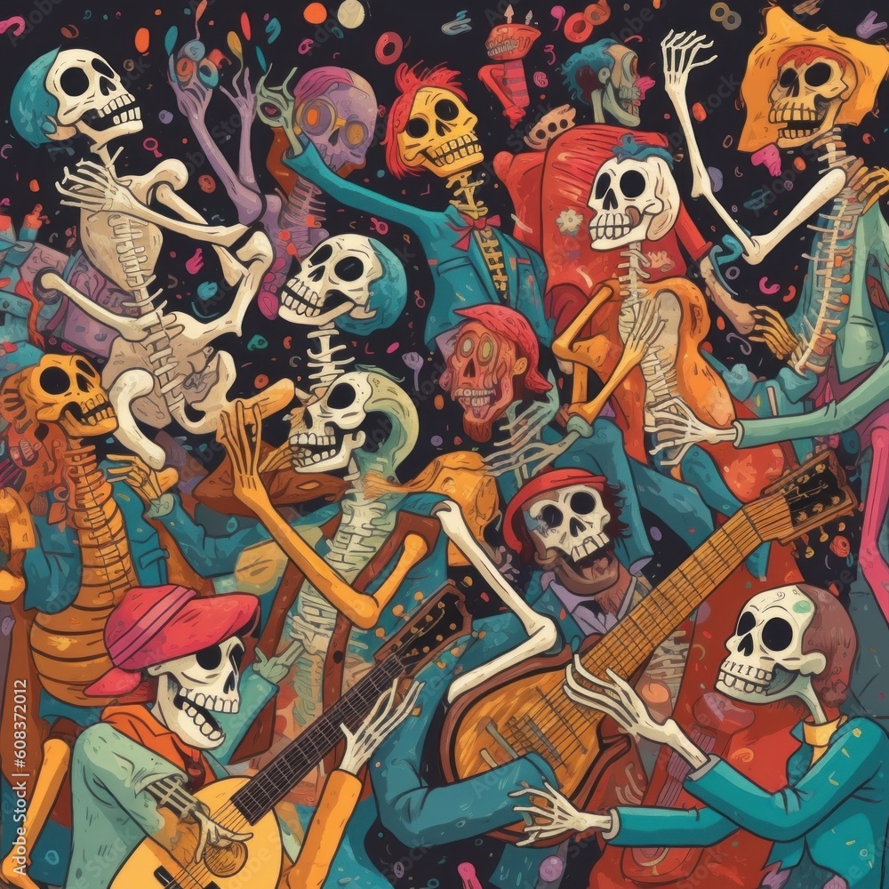 Poster A group of skeletons playing instruments and singing. Generative AI image.