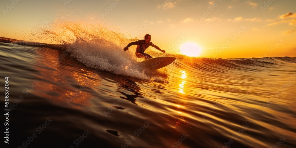 Poster a man riding a wave on top of a surfboard. generative ai image.