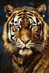 A gold plated painting showing captivating tiger ,dourado, made with AI Generative art