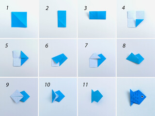 Step by step photo instruction how to make origami fish. Simple diy with kids children's concept....