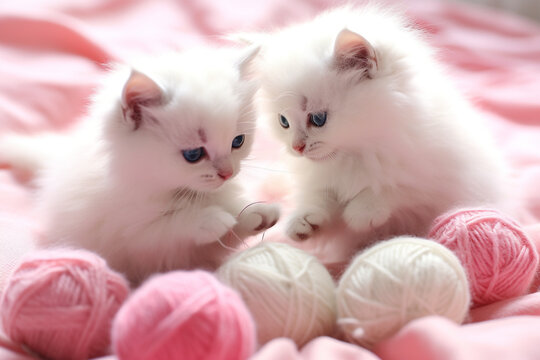 cute white kitten on pink background - Generative AI