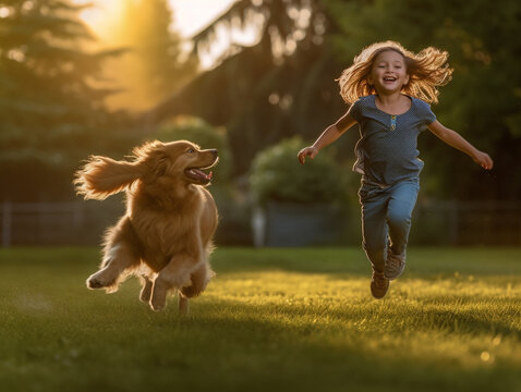 Young child playing with golden retriever dog at sunset - Generative AI