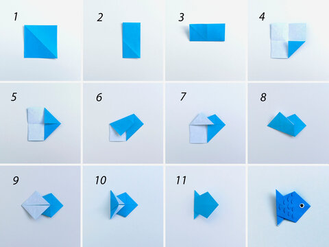 Step by step photo instruction how to make origami fish. Simple diy with kids children's concept. Collage of the steps photo.