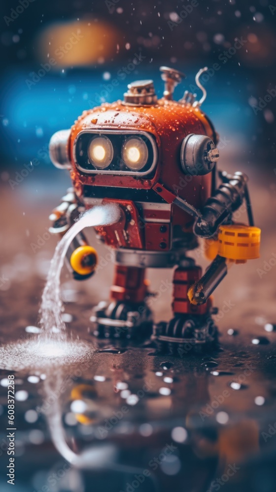 Aufkleber a toy robot is spraying water on the ground. generative ai image.