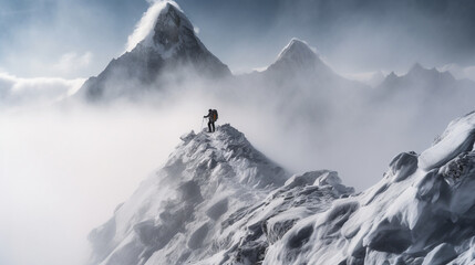 Misty mountain peak covered in snow and godrays discovered by lonely climber, mount everest - Generative AI