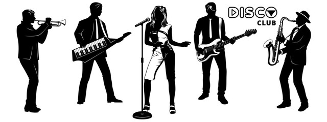 Disco Musicians Silhouettes Set. Girl singing, men playing on trumpet, keytar, electric guitar, saxophone. Microphone with stand is the separate object. Vector cliparts isolated on white.