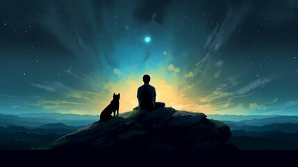 Naklejka na ściany i meble Sillhouetted young man and his dog watching night sky on hill - Generative AI