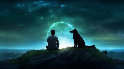 Fototapeta premium Sillhouetted young man and his dog watching night sky on hill - Generative AI