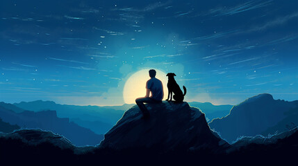 Fototapeta premium Sillhouetted young man and his dog watching night sky on hill - Generative AI