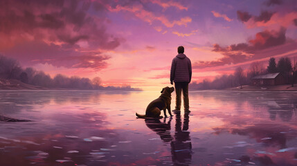 Surreal landscape showing man standing on colorful lake with his dog, dog and man - Generative AI