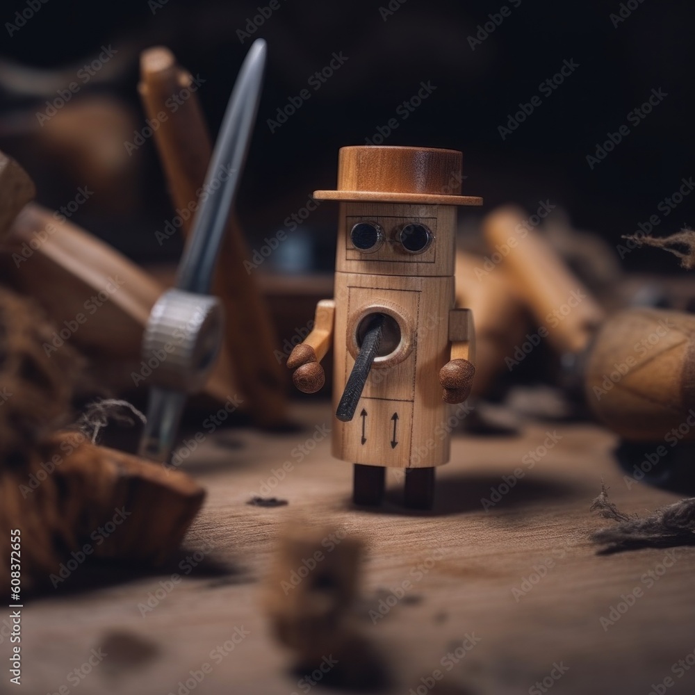 Wall mural A wooden toy with a knife in his hand. Generative AI image.