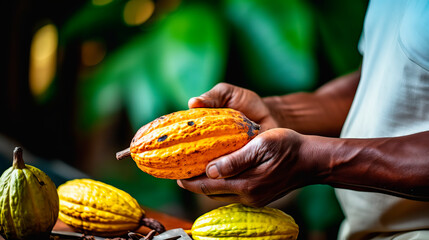 A farmer on a cocoa plantation harvests. Generative AI - obrazy, fototapety, plakaty
