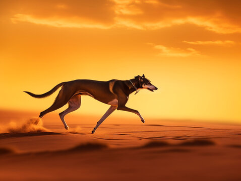 Illustration of wind hound running in desert at sunset - Generative AI