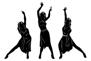 Dancing Trio Silhouettes. Three women dancing and singing. Outline ink style drawing. Vector clipart isolated on white.