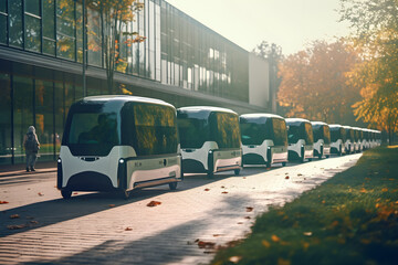 Autonomous Electric Shuttles in a Campus Environment. An image of a university or corporate campus with autonomous electric shuttles transporting students or employees between buildings. 