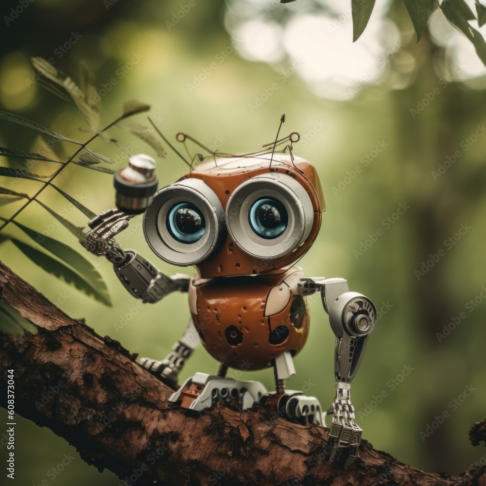 Poster A toy robot sitting on top of a tree branch. Generative AI image.