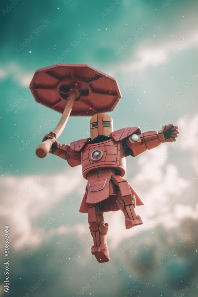 Aufkleber a red robot holding an umbrella in the sky. generative ai image.