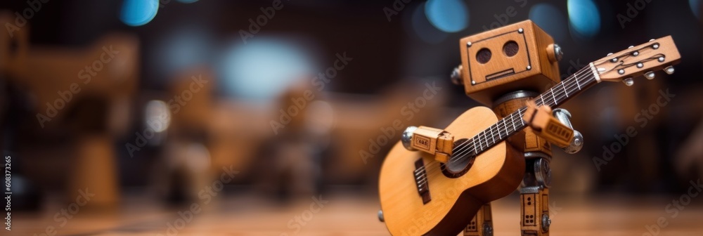 Poster a small robot with a guitar on a table. generative ai image.