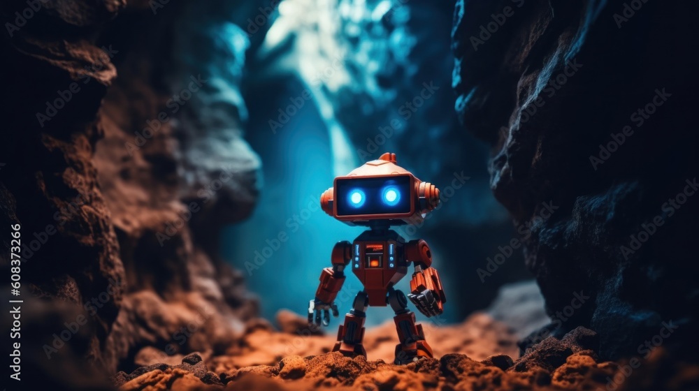 Poster a toy robot is standing in a cave. generative ai image.