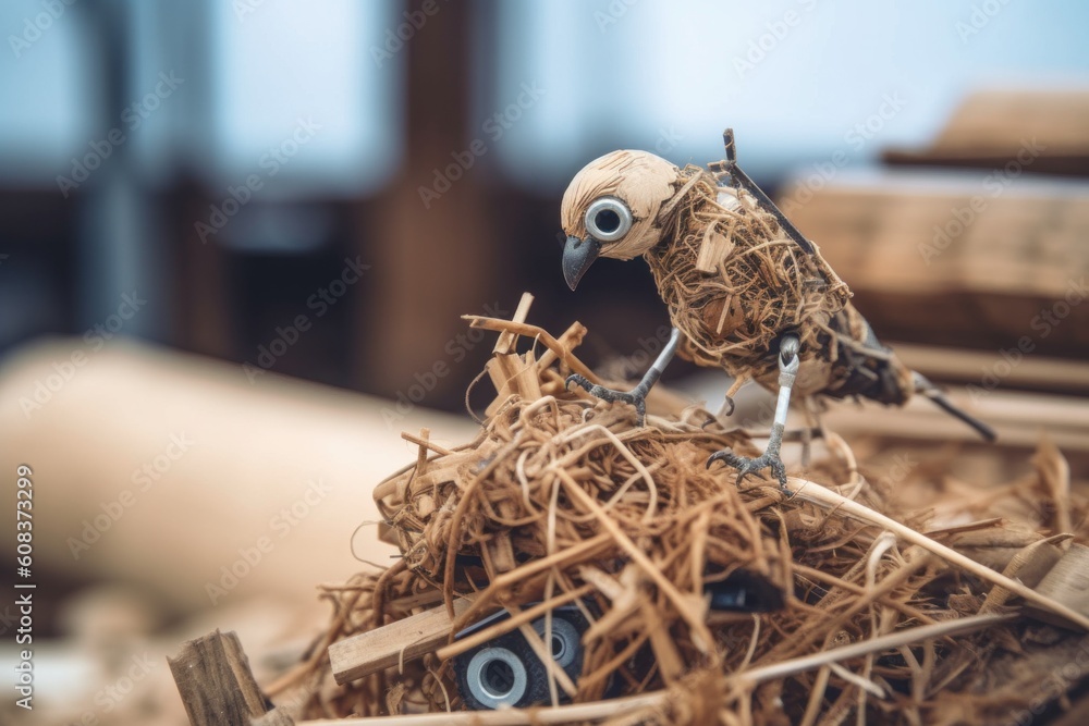 Poster a small bird sitting on top of a pile of hay. generative ai image.