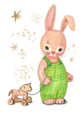Cute bunny illustration with wooden toys, star, and butterfly