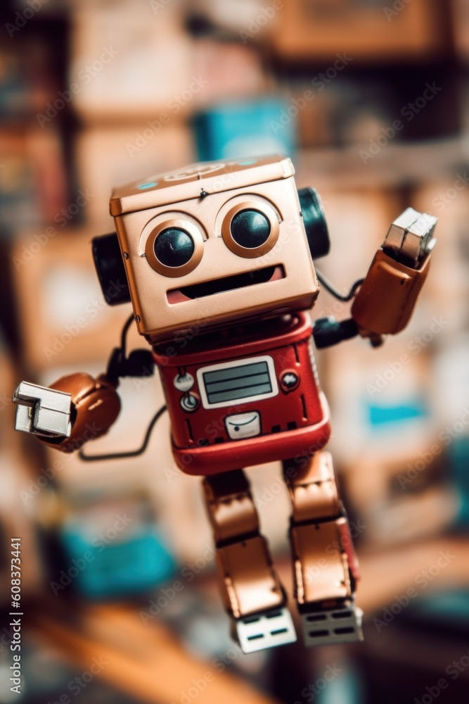 Poster a toy robot with a cell phone in its hand. generative ai image.