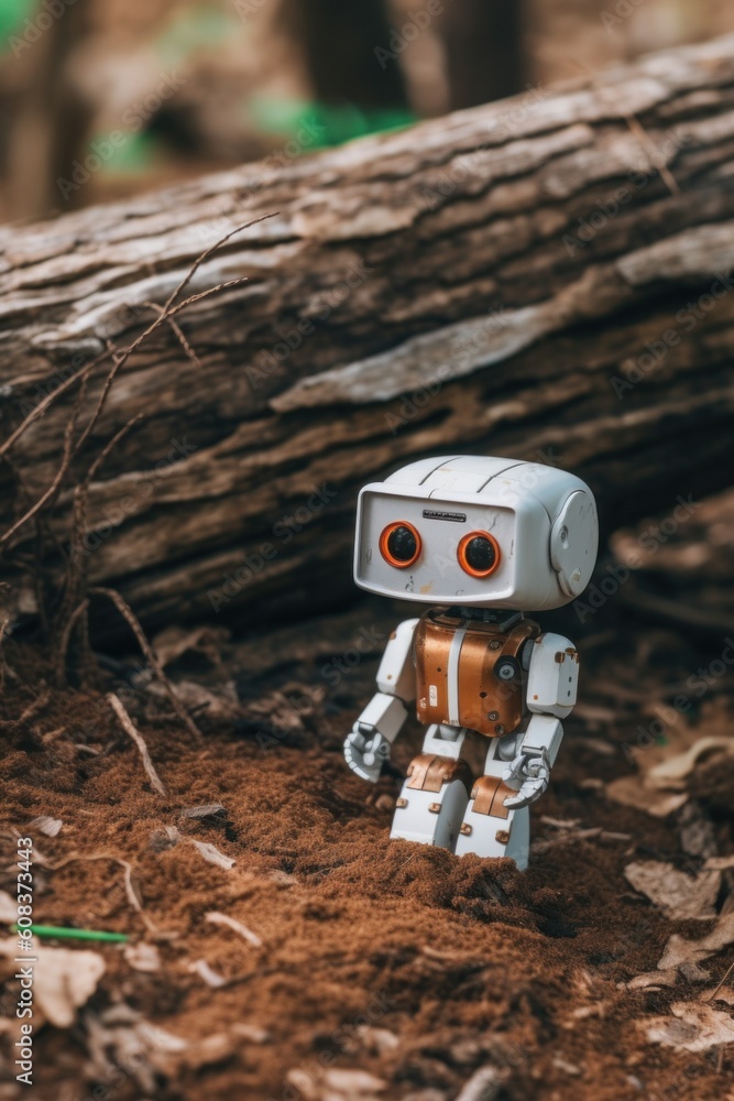 Aufkleber a toy robot is standing in the dirt. generative ai image.