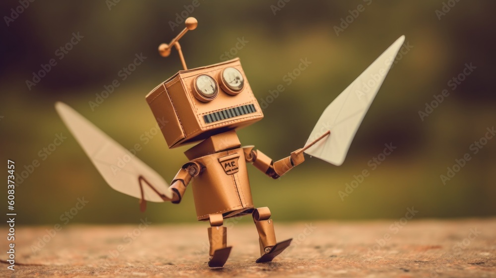 Poster a toy robot holding a pair of scissors. generative ai image.