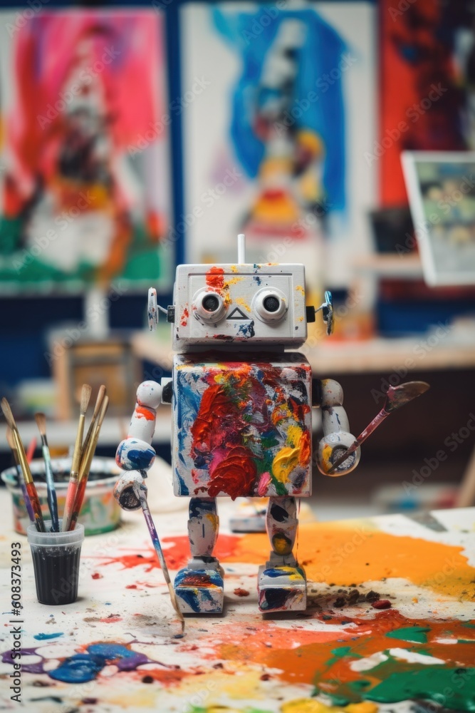 Poster a toy robot sitting on top of a table. generative ai image.